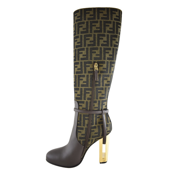 Fendi 105mm Traced Brown Leather Monogram FF Logo Motif Knee High Heel Boot 37 - Picture 12 of 16